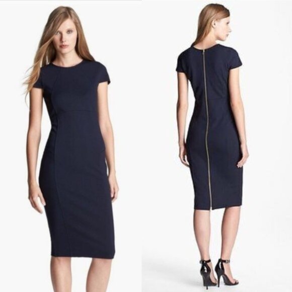 Felicity & Coco Pencil Dress Bodycon Back Zipper Short‎ Sleeves Navy Blue Small - Picture 1 of 13